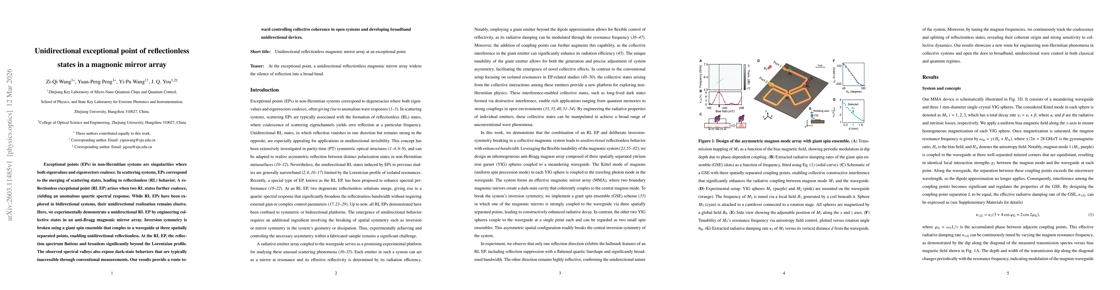 Thumbnail for Unidirectional exceptional point of reflectionless states in a magnonic mirror array