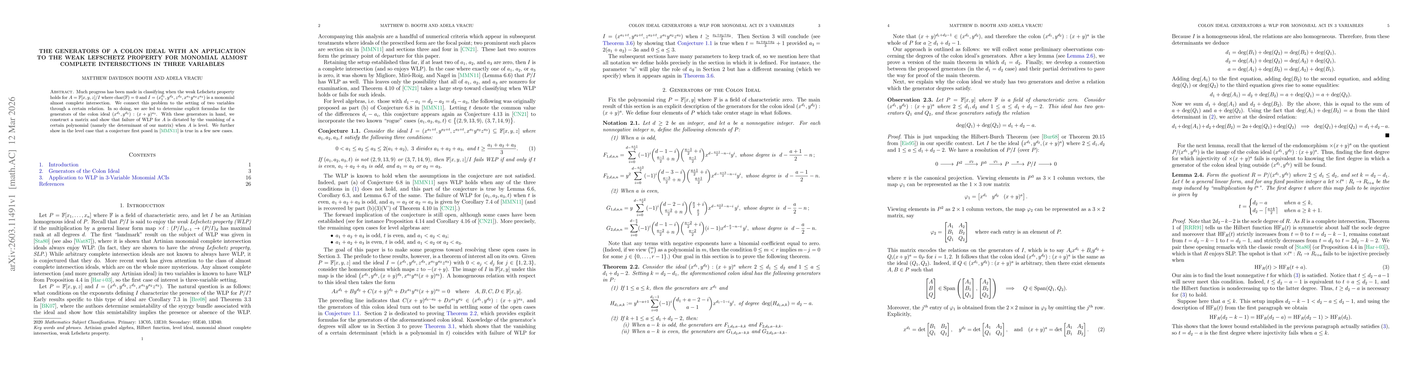 Thumbnail for The Generators of a Colon Ideal with an Application to the Weak Lefschetz Property for Monomial Almost Complete Intersections in Three Variables