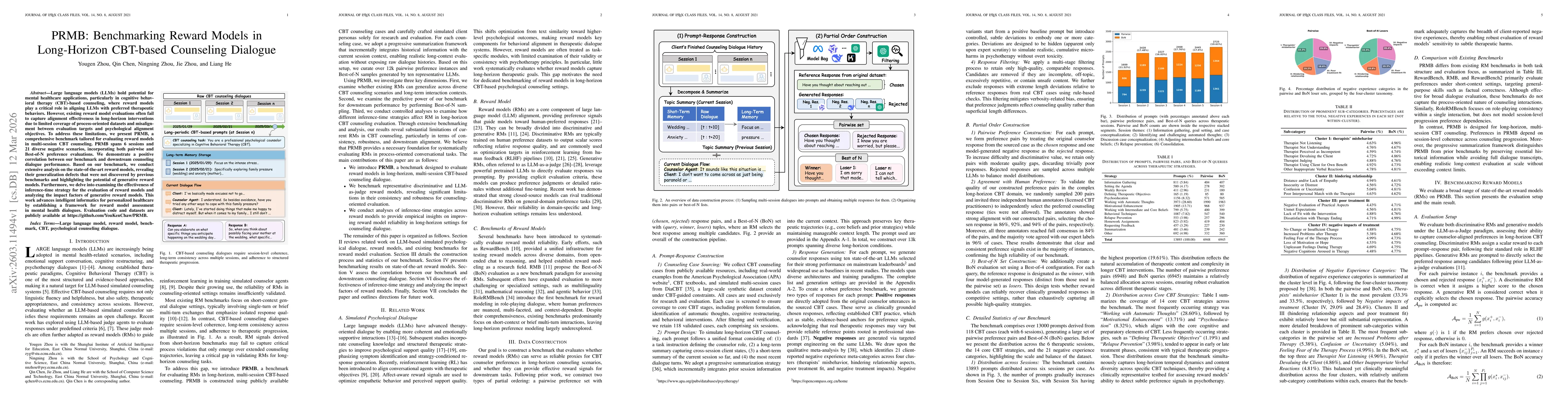 Thumbnail for PRMB: Benchmarking Reward Models in Long-Horizon CBT-based Counseling Dialogue