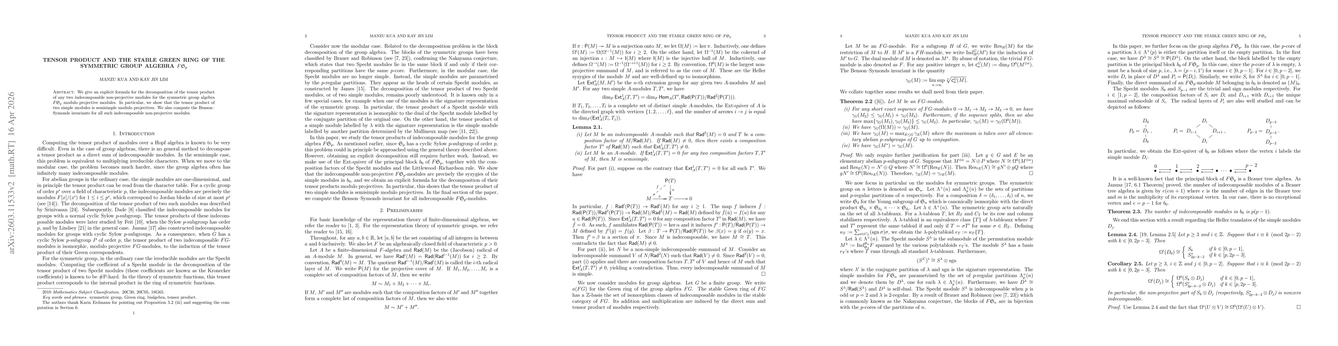 Thumbnail for Tensor Products and the Stable Green Ring of the Symmetric Group Algebra $F\mathfrak{S}_p$