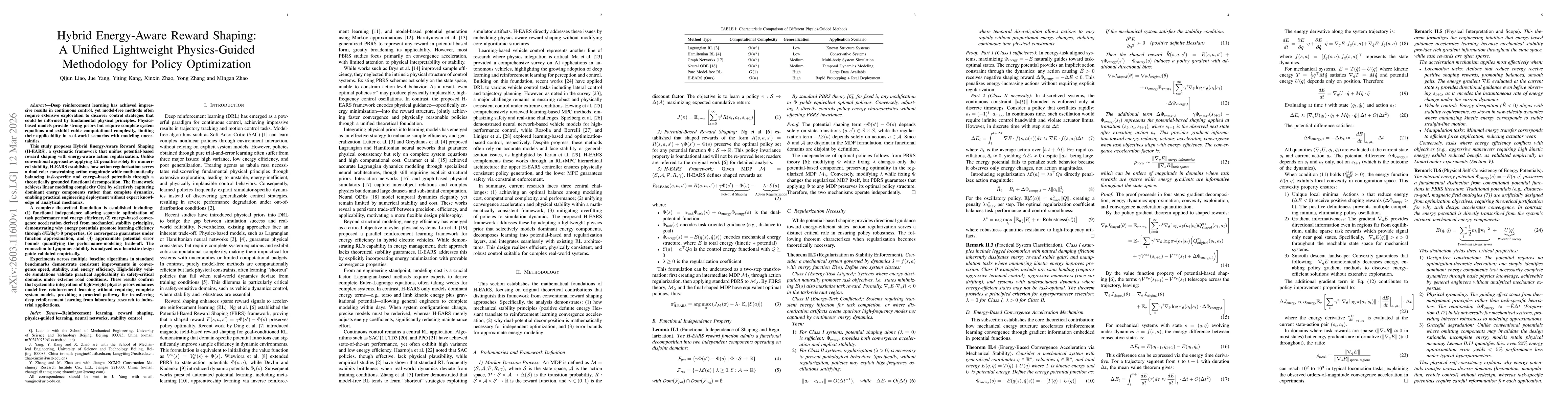Thumbnail for Hybrid Energy-Aware Reward Shaping: A Unified Lightweight Physics-Guided Methodology for Policy Optimization
