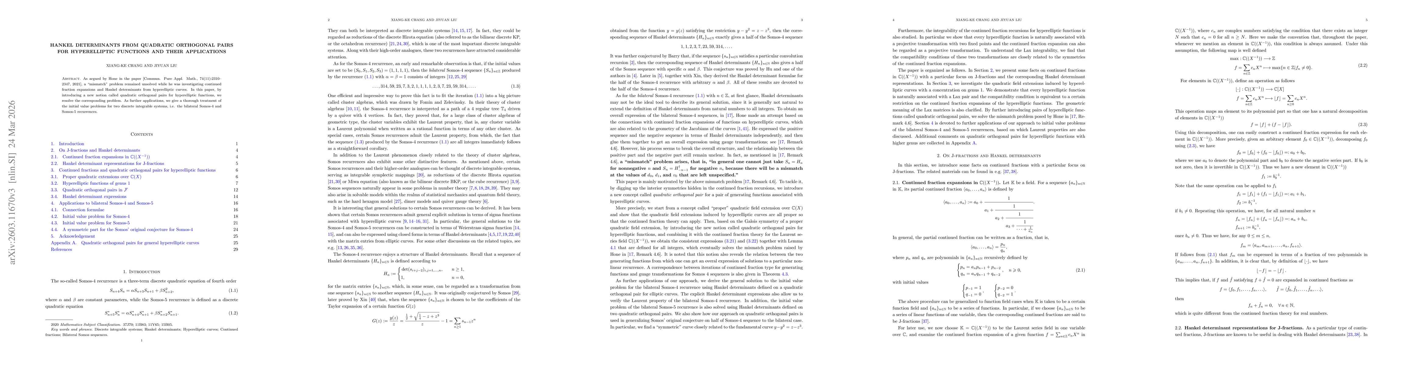 Thumbnail for Hankel Determinants from Quadratic Orthogonal Pairs for Hyperelliptic Functions and Their Applications