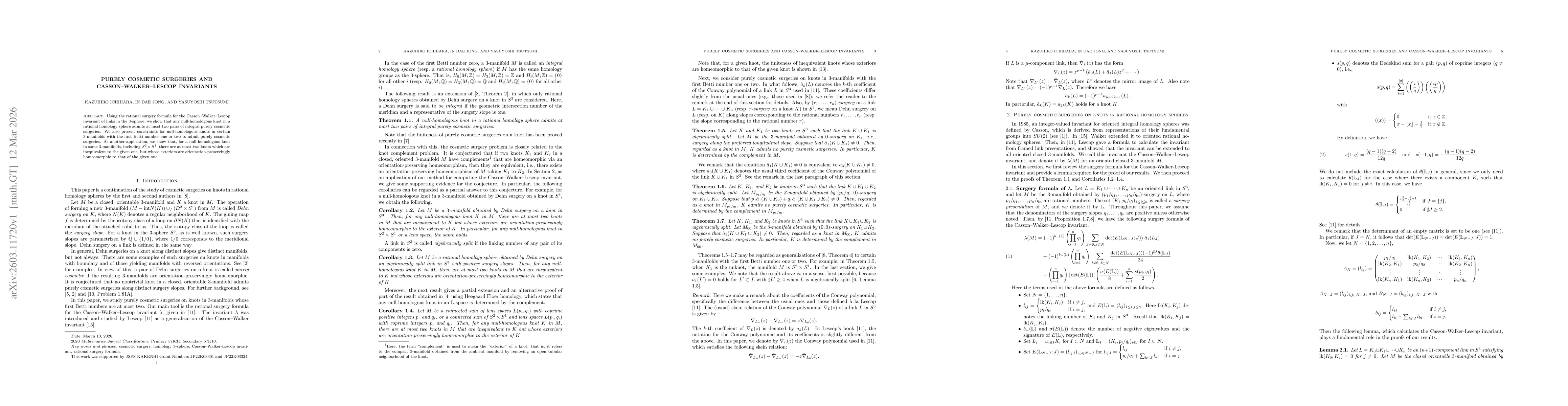 Thumbnail for Purely cosmetic surgeries and Casson--Walker--Lescop invariants
