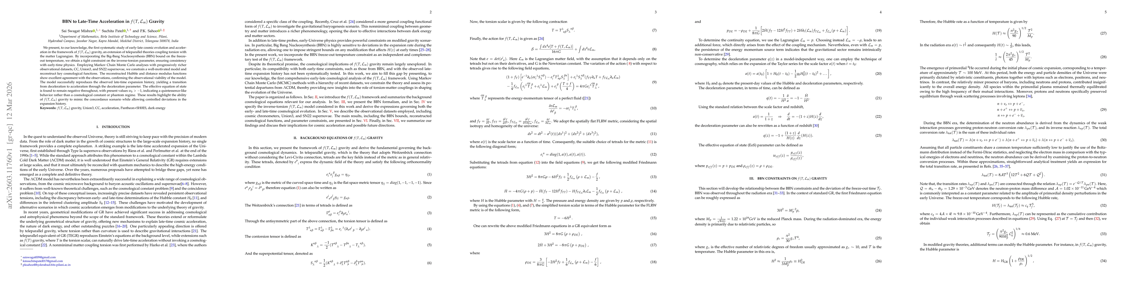 Thumbnail for BBN to Late-Time Acceleration in $f(T,\mathcal{L}_m)$ Gravity