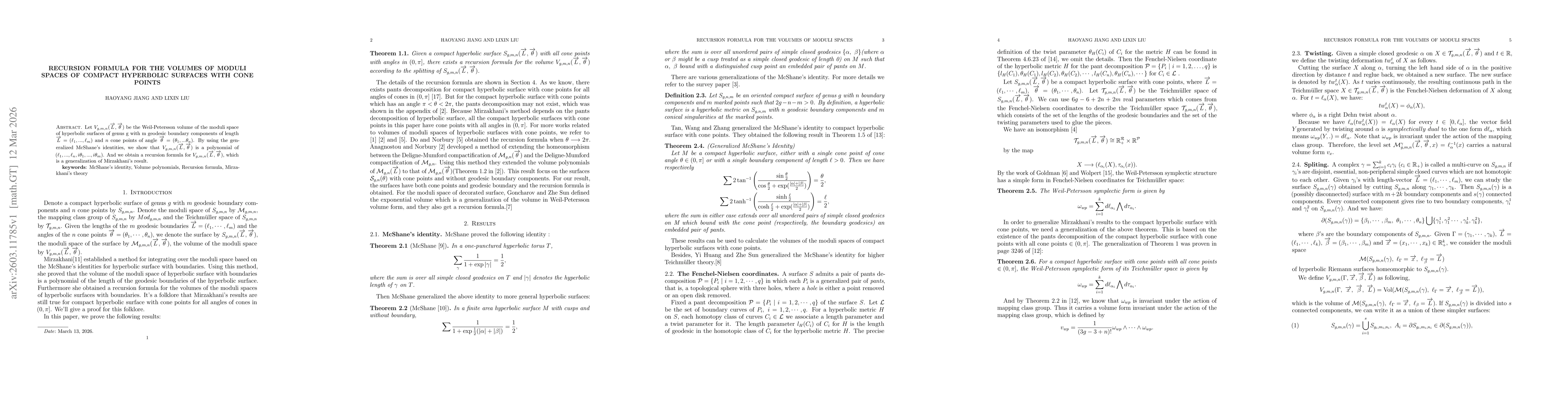 Thumbnail for Recursion formula for the volumes of moduli spaces of compact hyperbolic surfaces with cone points