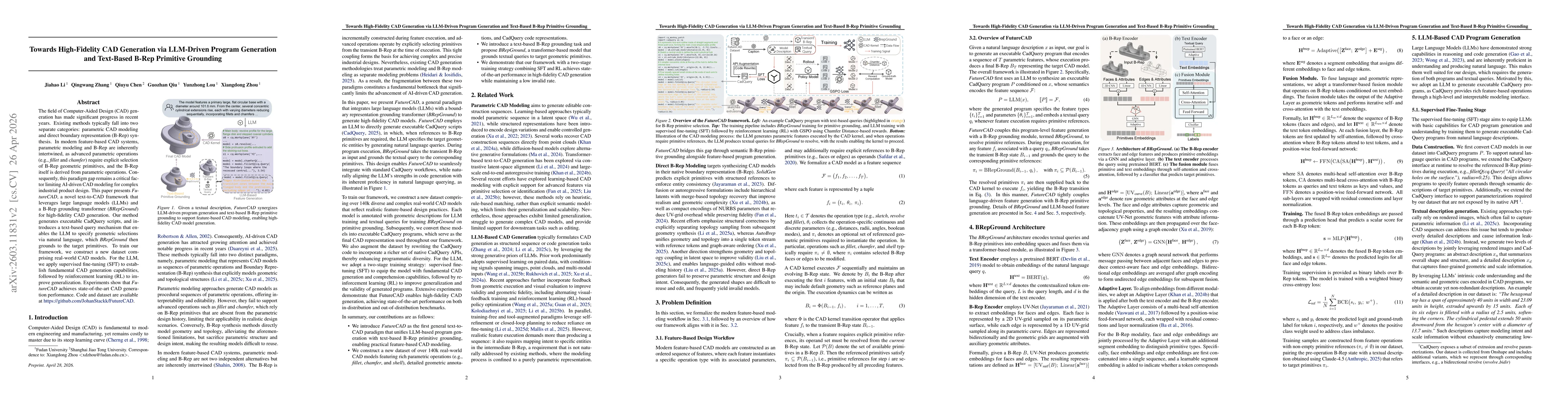 Thumbnail for Towards High-Fidelity CAD Generation via LLM-Driven Program Generation and Text-Based B-Rep Primitive Grounding