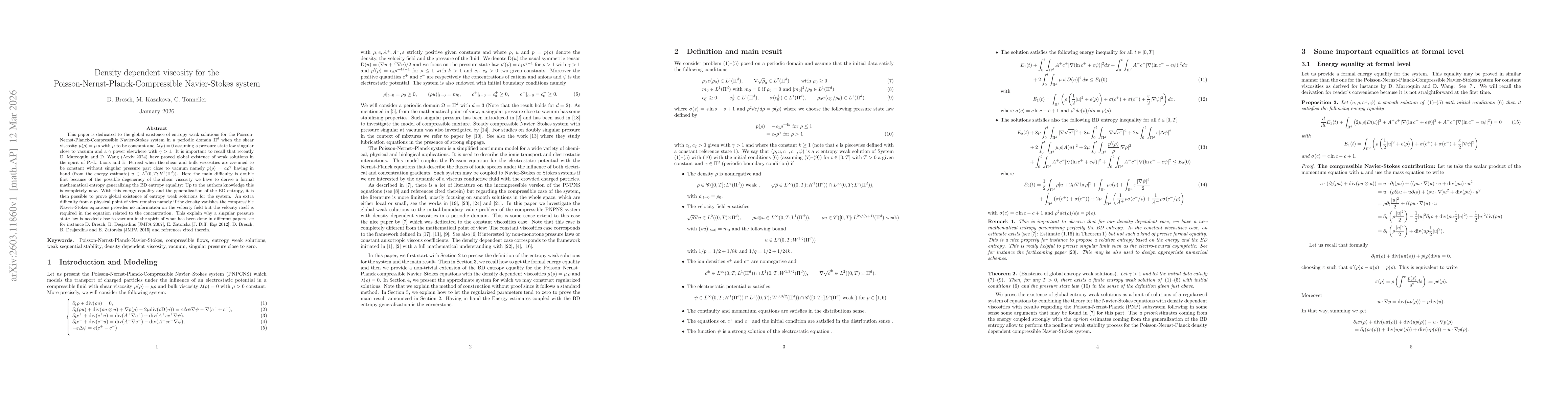 Thumbnail for Density dependent viscosity for the Poisson-Nernst-Planck-Compressible Navier-Stokes system