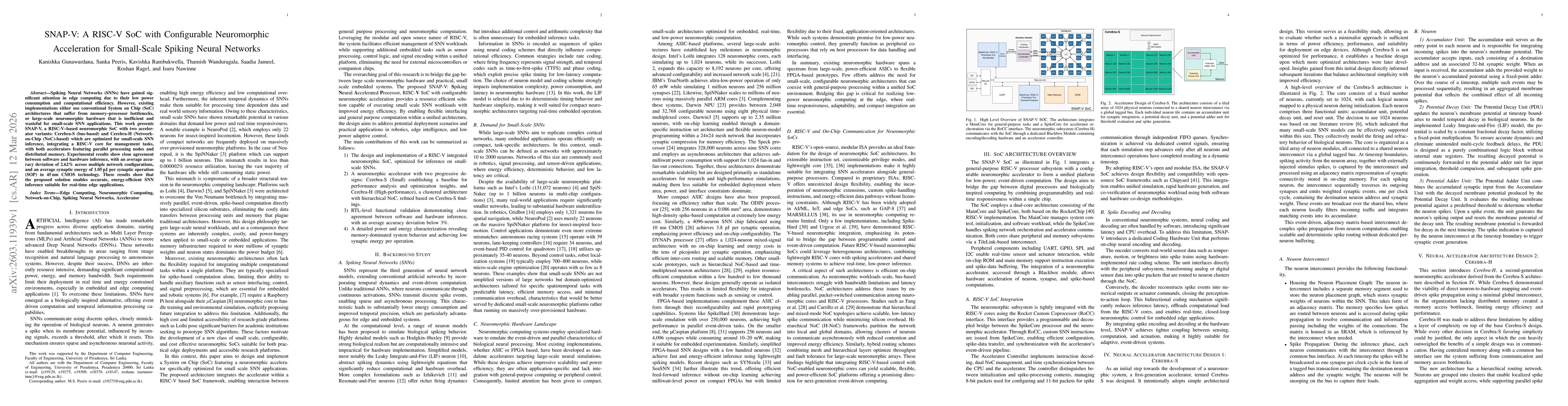 Thumbnail for SNAP-V: A RISC-V SoC with Configurable Neuromorphic Acceleration for Small-Scale Spiking Neural Networks