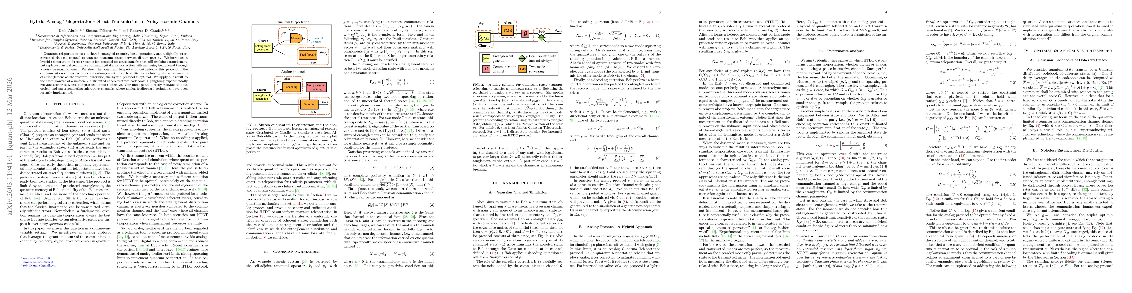 Thumbnail for Hybrid Analog Teleportation-Direct Transmission in Noisy Bosonic Channels