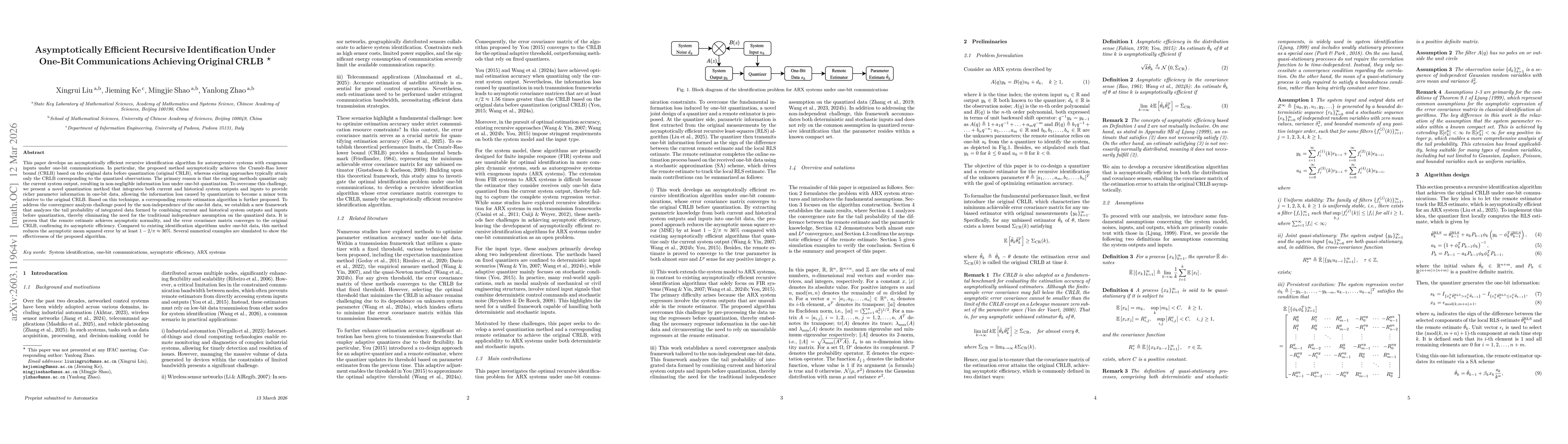 Thumbnail for Asymptotically Efficient Recursive Identification Under One-Bit Communications Achieving Original CRLB