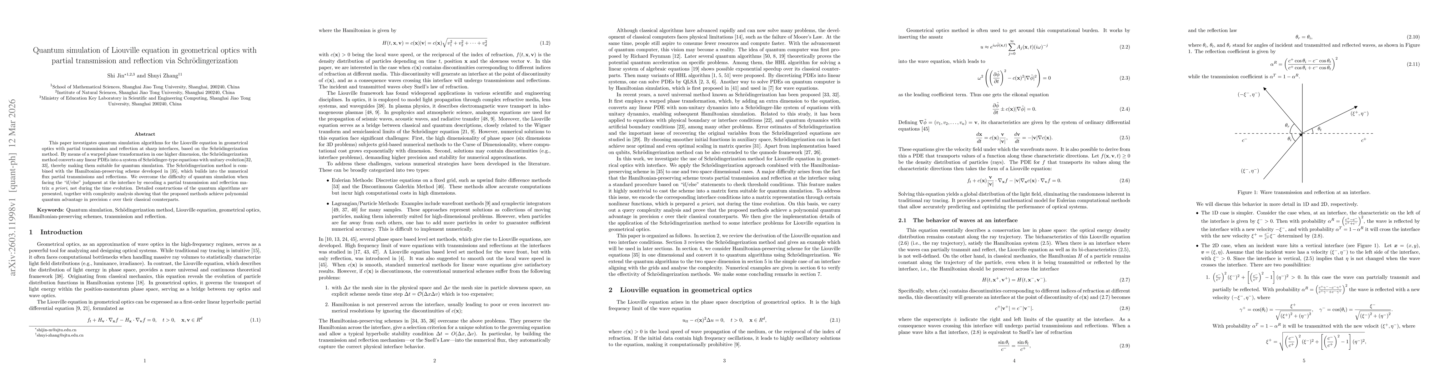 Thumbnail for Quantum simulation of Liouville equation in geometrical optics with partial transmission and reflection via Schrödingerization