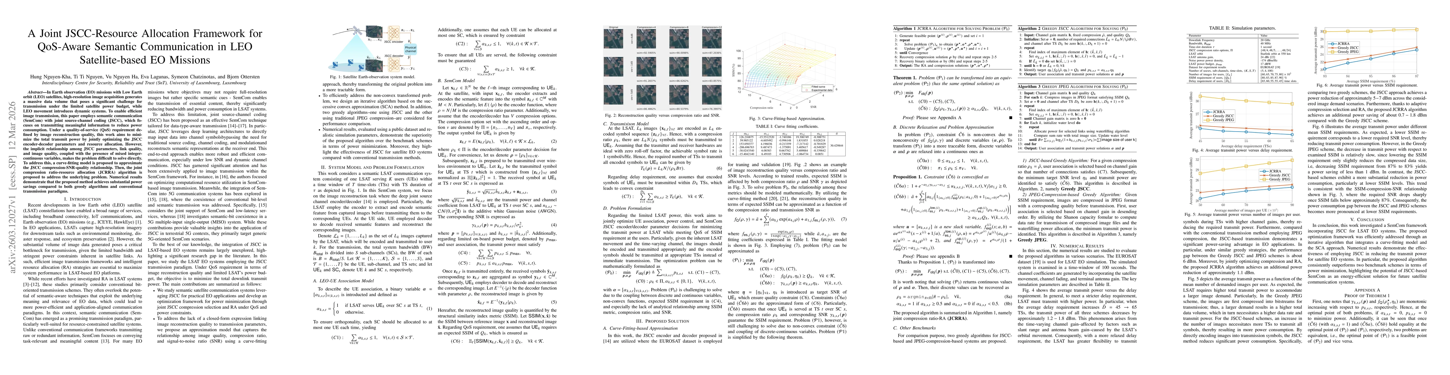 Thumbnail for A Joint JSCC-Resource Allocation Framework for QoS-Aware Semantic Communication in LEO Satellite-based EO Missions