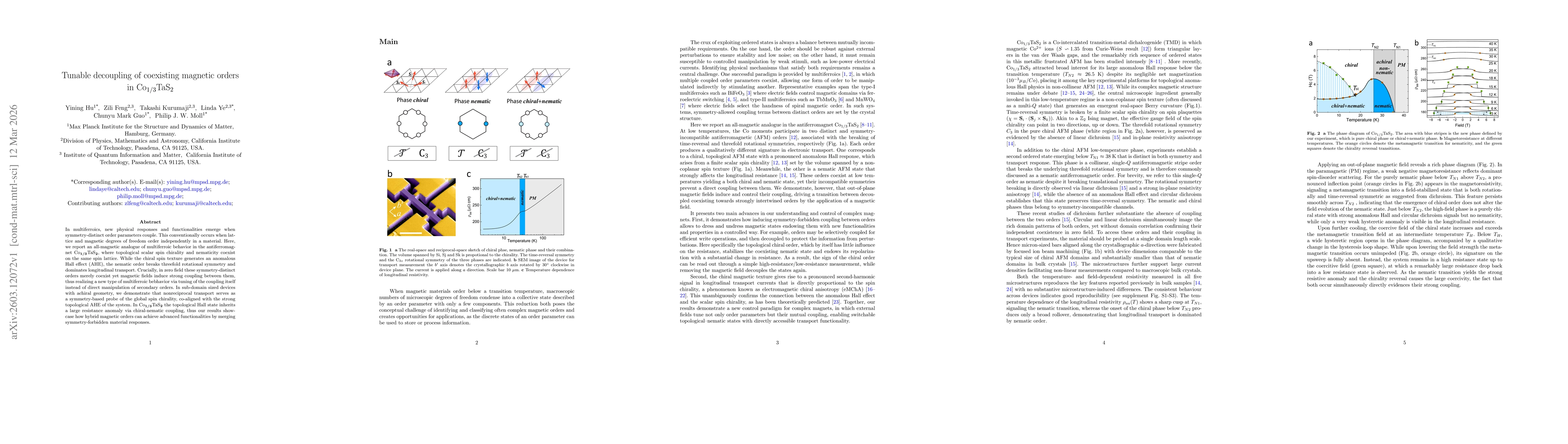 Thumbnail for Tunable decoupling of coexisting magnetic orders in Co$_{1/3}$TaS$_2$
