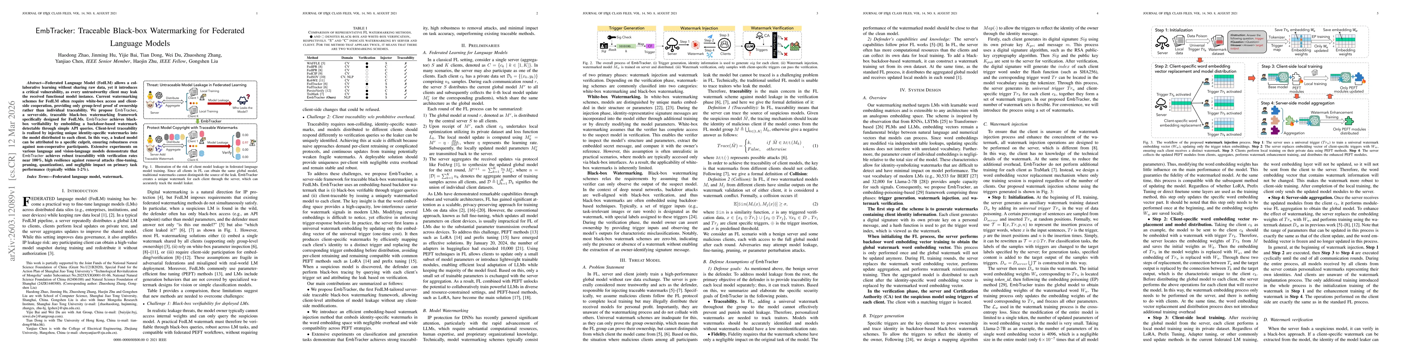 Thumbnail for EmbTracker: Traceable Black-box Watermarking for Federated Language Models