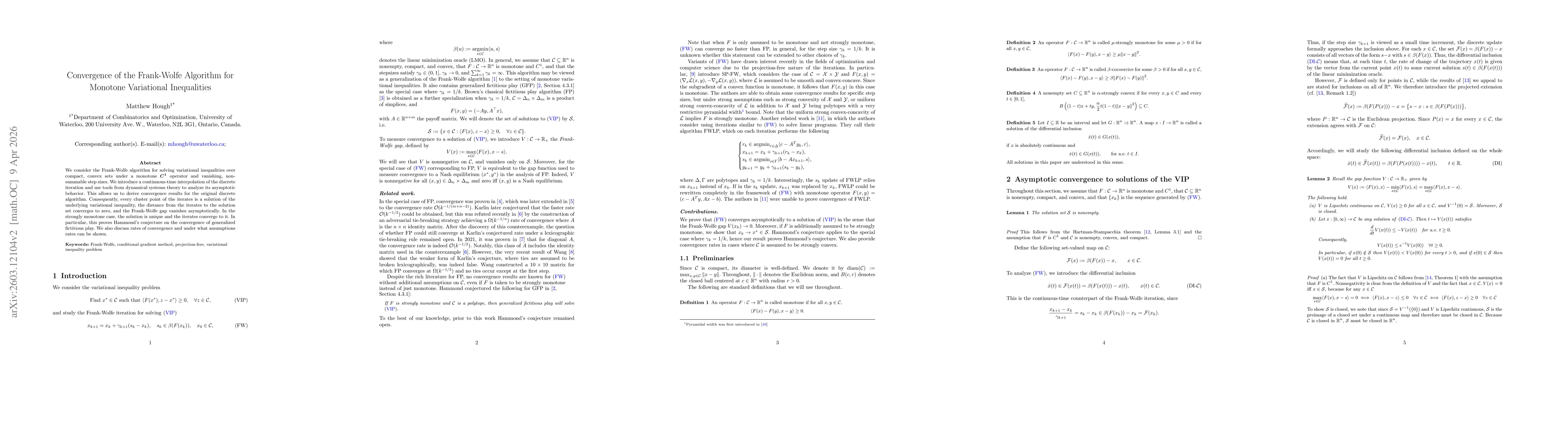 Thumbnail for Asymptotic Convergence of the Frank-Wolfe Algorithm for Monotone Variational Inequalities