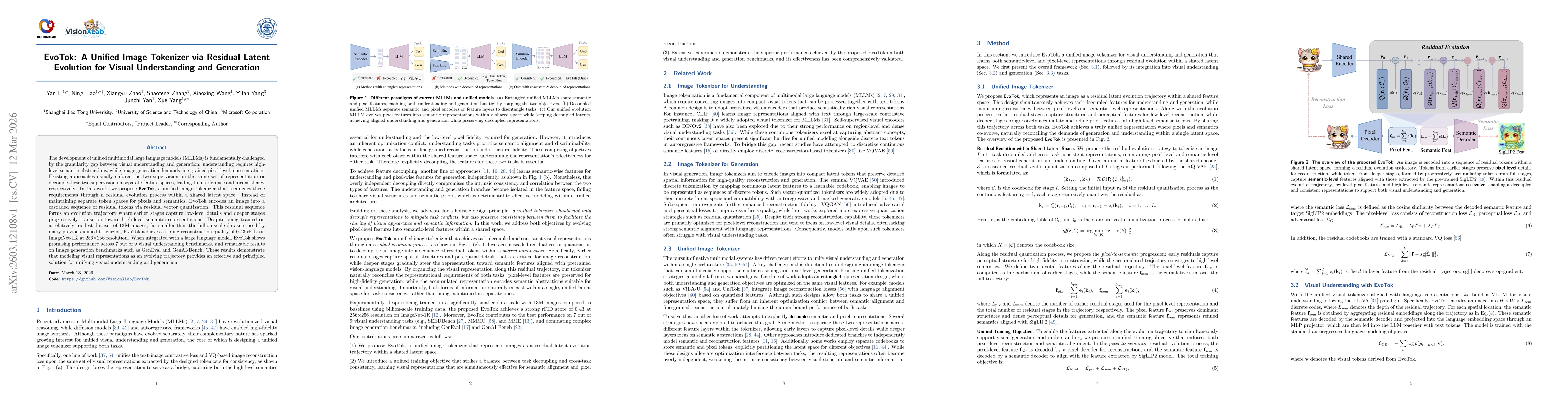 Thumbnail for EvoTok: A Unified Image Tokenizer via Residual Latent Evolution for Visual Understanding and Generation