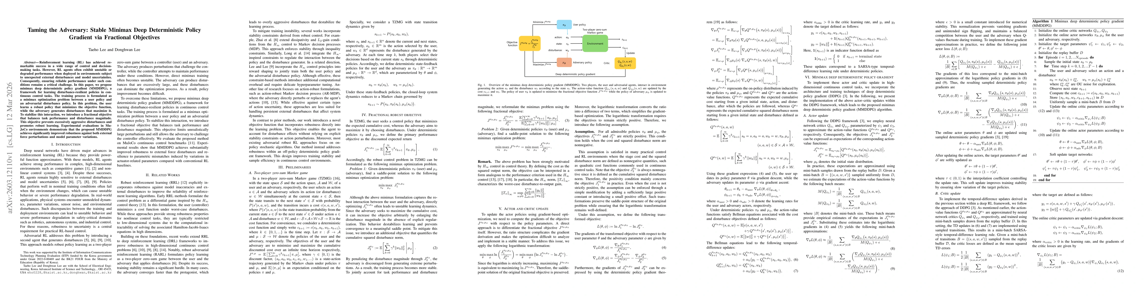 Thumbnail for Taming the Adversary: Stable Minimax Deep Deterministic Policy Gradient via Fractional Objectives