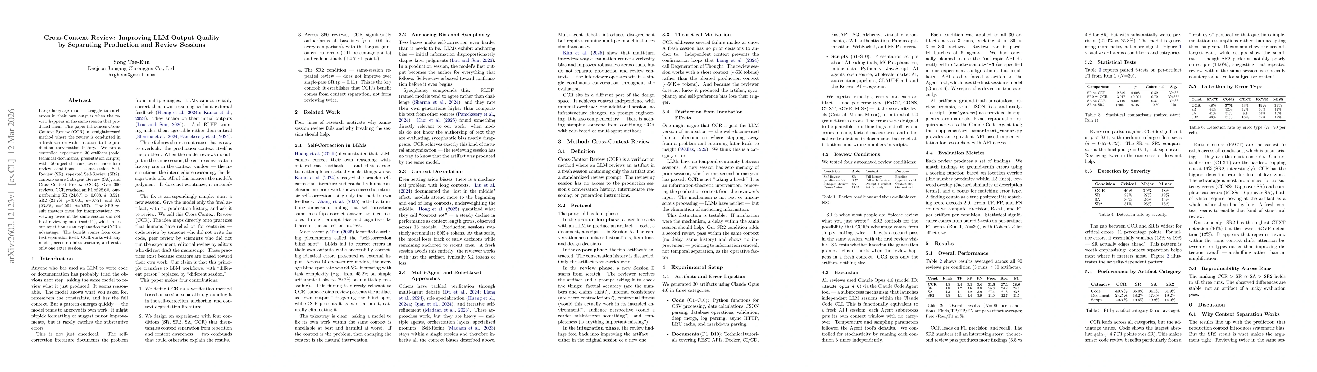 Thumbnail for Cross-Context Review: Improving LLM Output Quality by Separating Production and Review Sessions