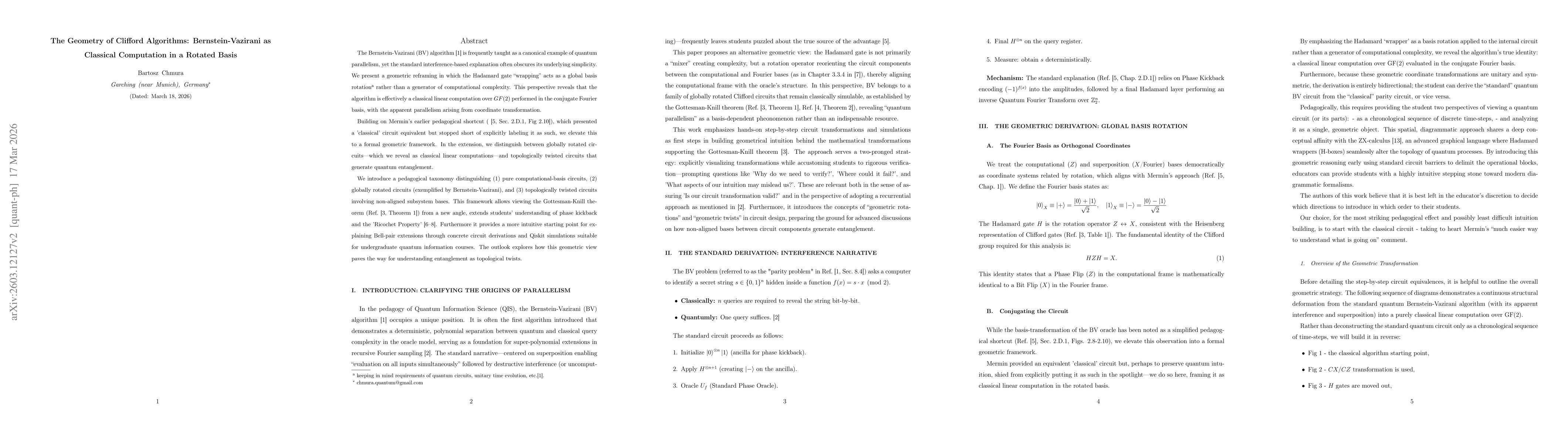Thumbnail for The Geometry of Clifford Algorithms: Bernstein-Vazirani as Classical Computation in a Rotated Basis