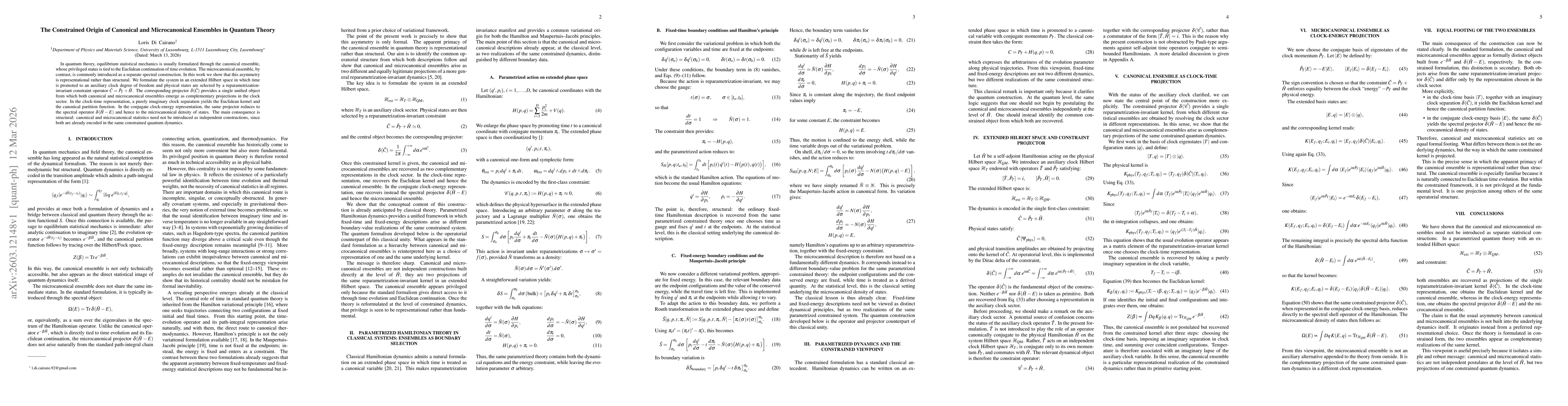Thumbnail for The Constrained Origin of Canonical and Microcanonical Ensembles in Quantum Theory