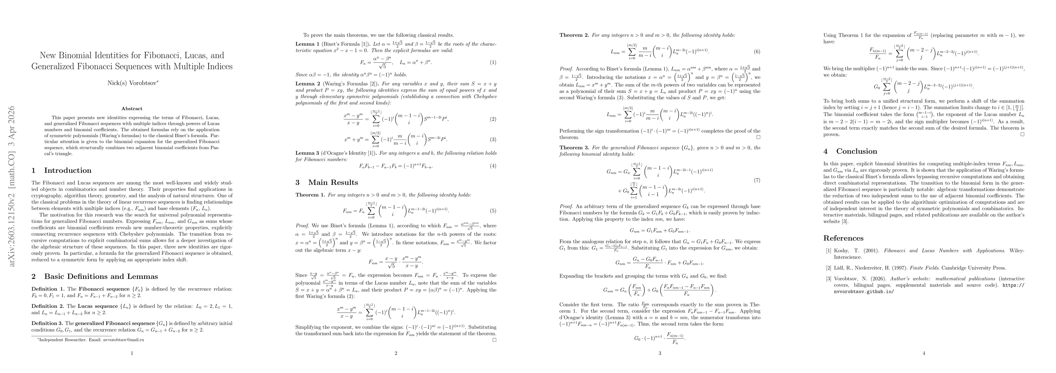 Thumbnail for New Binomial Identities for Fibonacci, Lucas, and Generalized Fibonacci Sequences with Multiple Indices