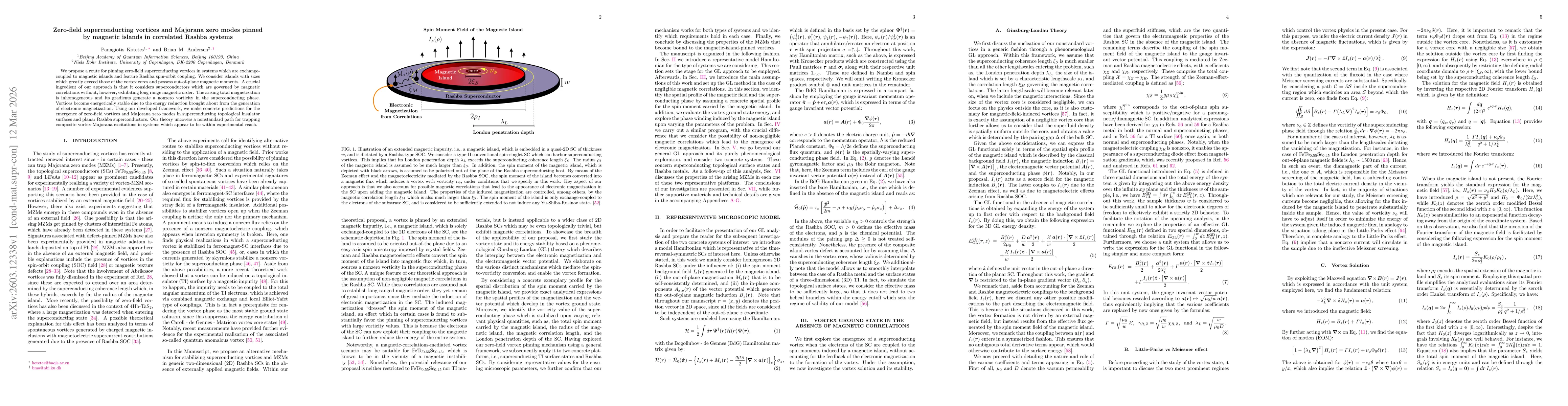 Thumbnail for Zero-field superconducting vortices and Majorana zero modes pinned by magnetic islands in correlated Rashba systems