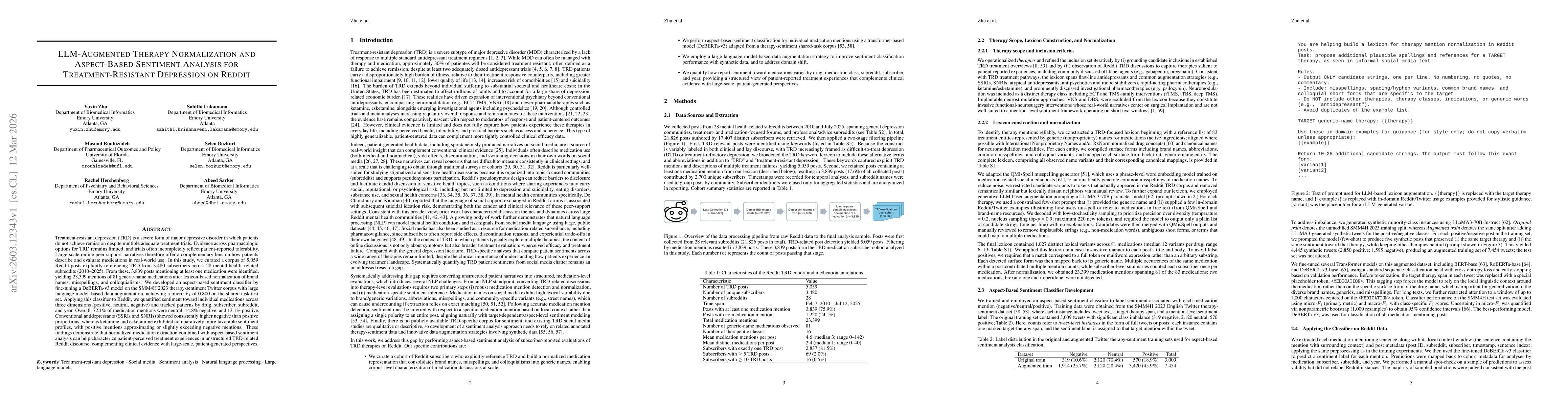 Thumbnail for LLM-Augmented Therapy Normalization and Aspect-Based Sentiment Analysis for Treatment-Resistant Depression on Reddit