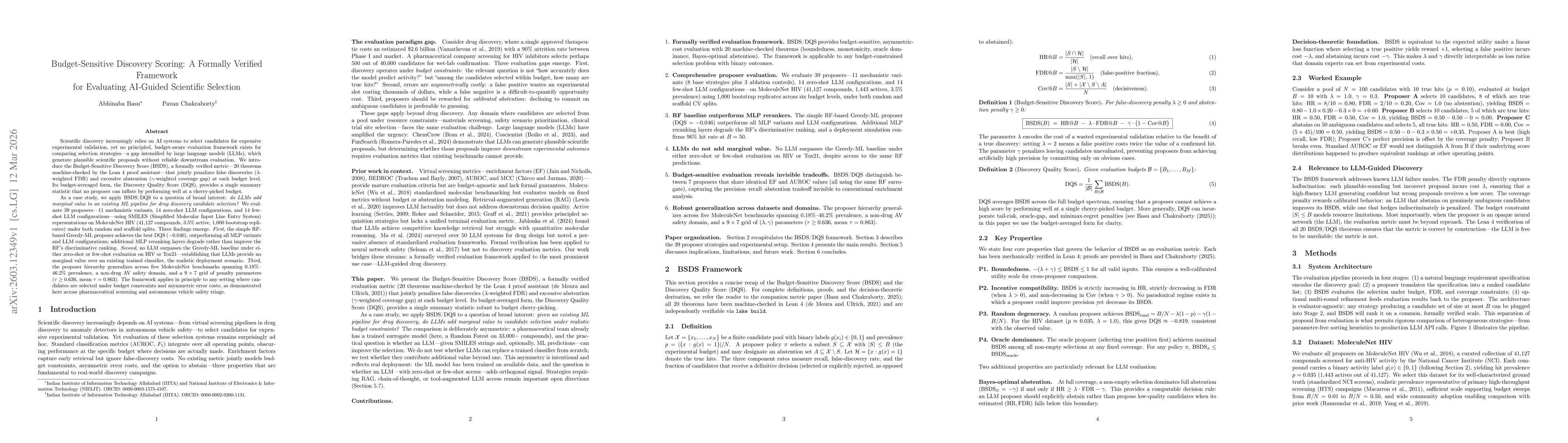 Thumbnail for Budget-Sensitive Discovery Scoring: A Formally Verified Framework for Evaluating AI-Guided Scientific Selection