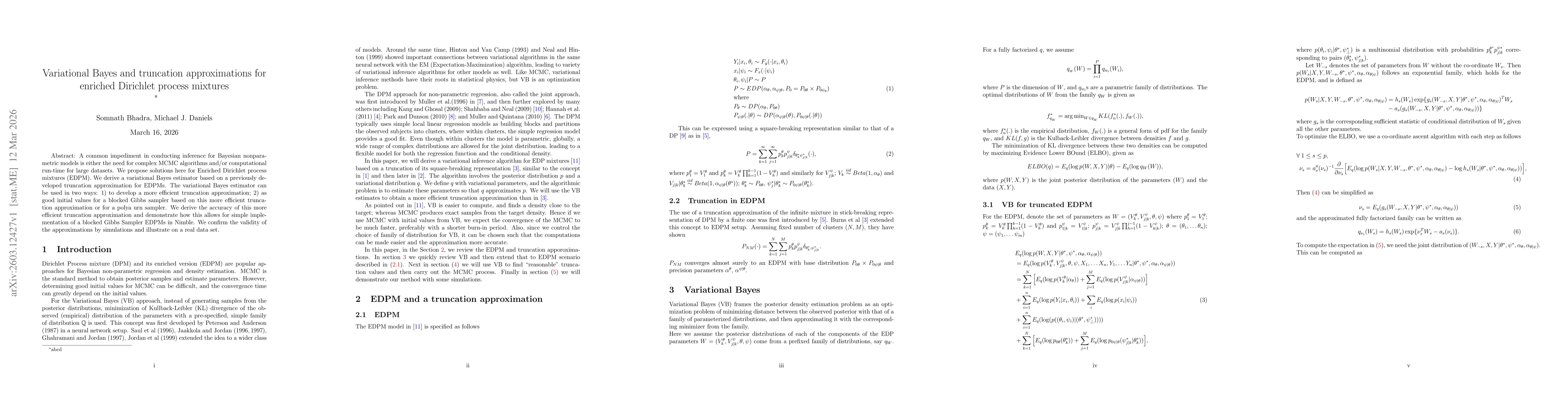 Thumbnail for Variational Bayes and Truncation approximations for Enriched Dirichlet process mixtures