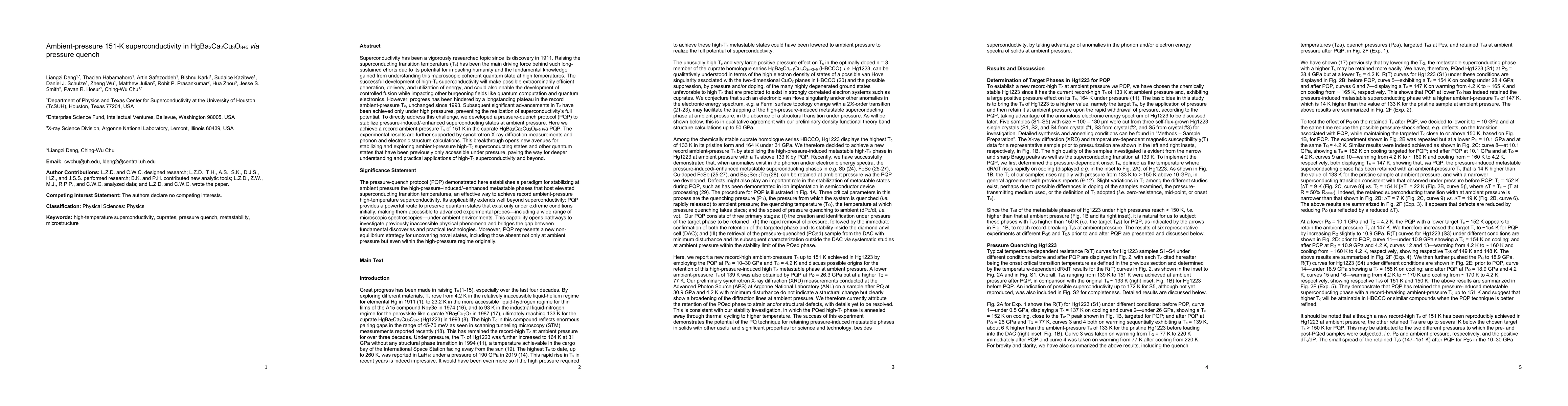 Thumbnail for Ambient-pressure 151-K superconductivity in HgBa2Ca2Cu3O8+δ via pressure quench