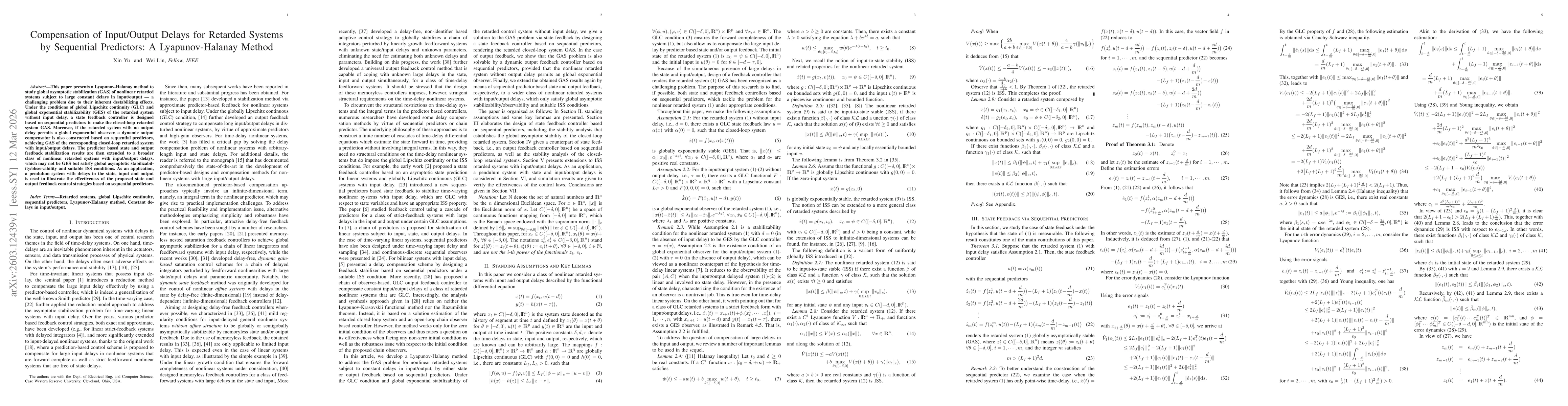 Thumbnail for Compensation of Input/Output Delays for Retarded Systems by Sequential Predictors: A Lyapunov-Halanay Method