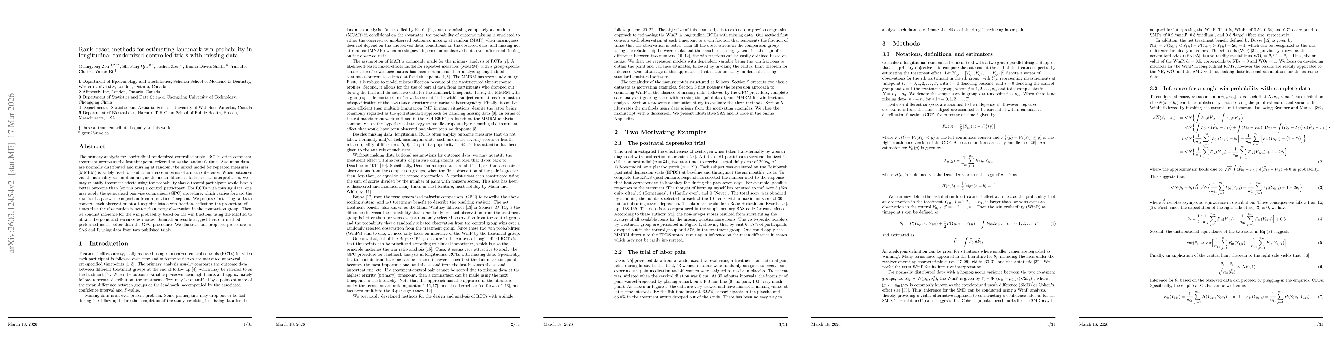 Thumbnail for Rank-based methods for estimating landmark win probability in longitudinal randomized controlled trials with missing data