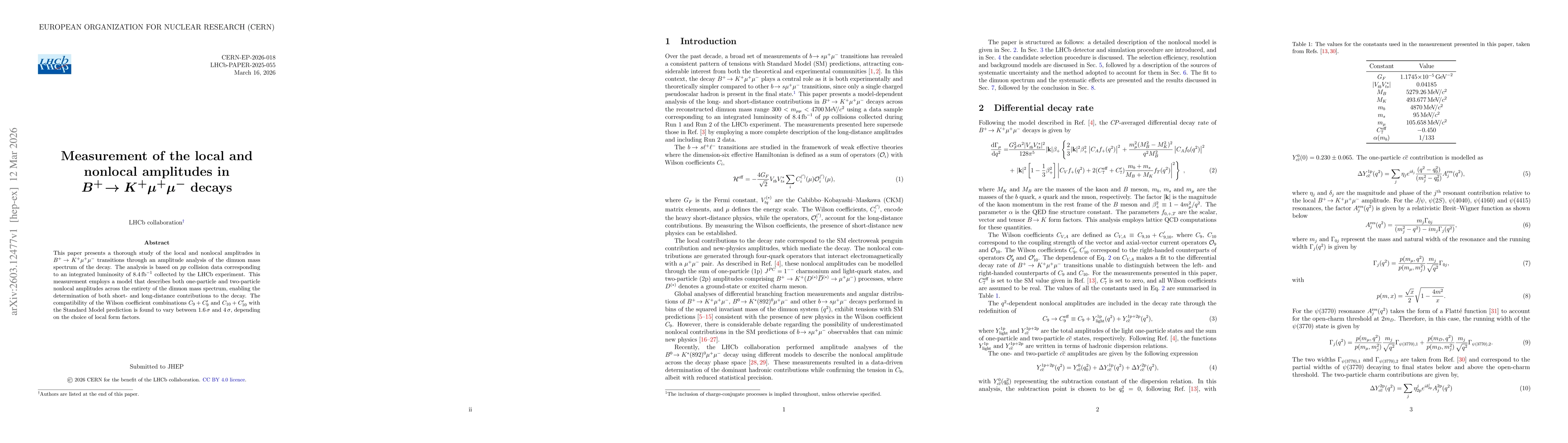 Thumbnail for Measurement of the local and nonlocal amplitudes in $B^{+}\to K^{+}μ^{+}μ^{-}$ decays