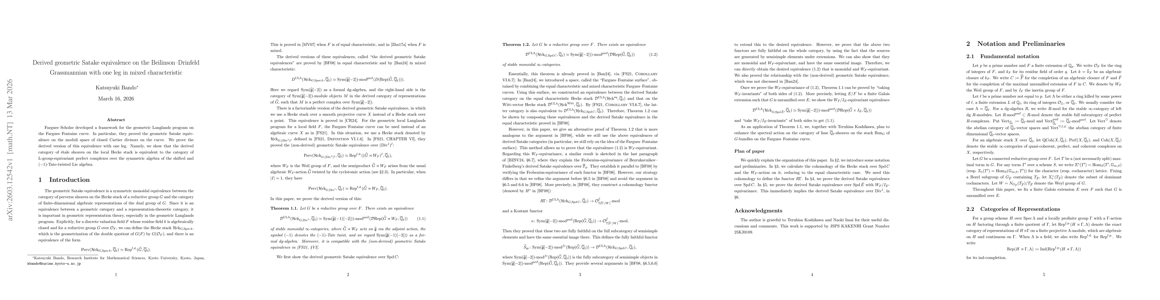 Thumbnail for Derived geometric Satake equivalence on the Beilinson-Drinfeld Grassmannian with one leg in mixed characteristic