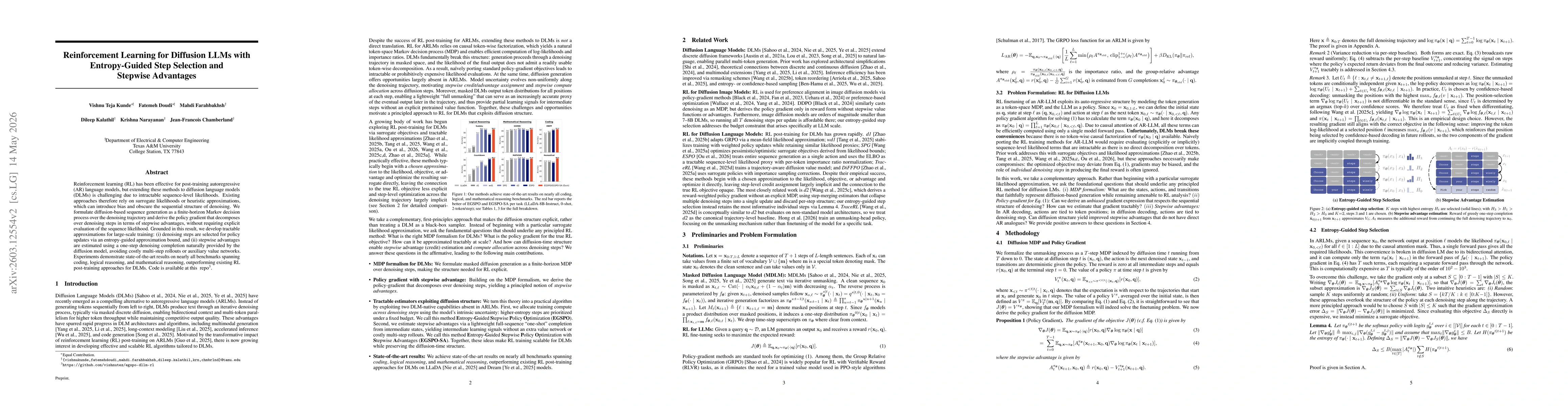 Thumbnail for Reinforcement Learning for Diffusion LLMs with Entropy-Guided Step Selection and Stepwise Advantages