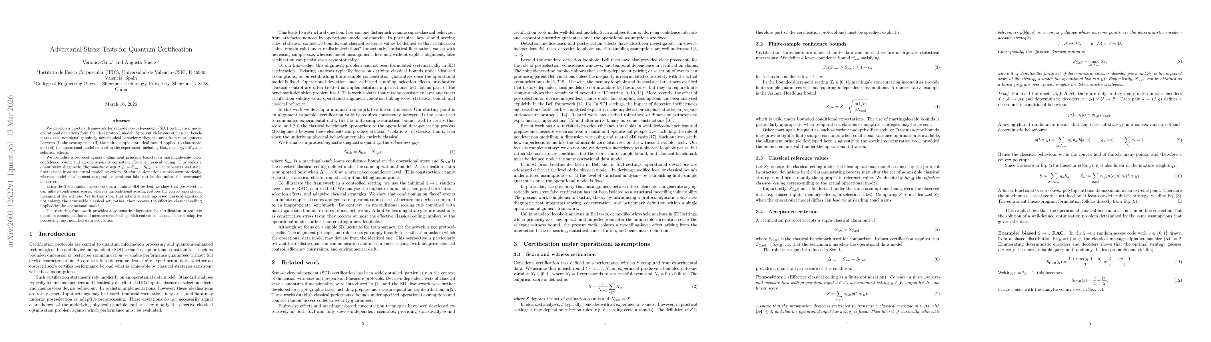 Thumbnail for Adversarial Stress Tests for Quantum Certification