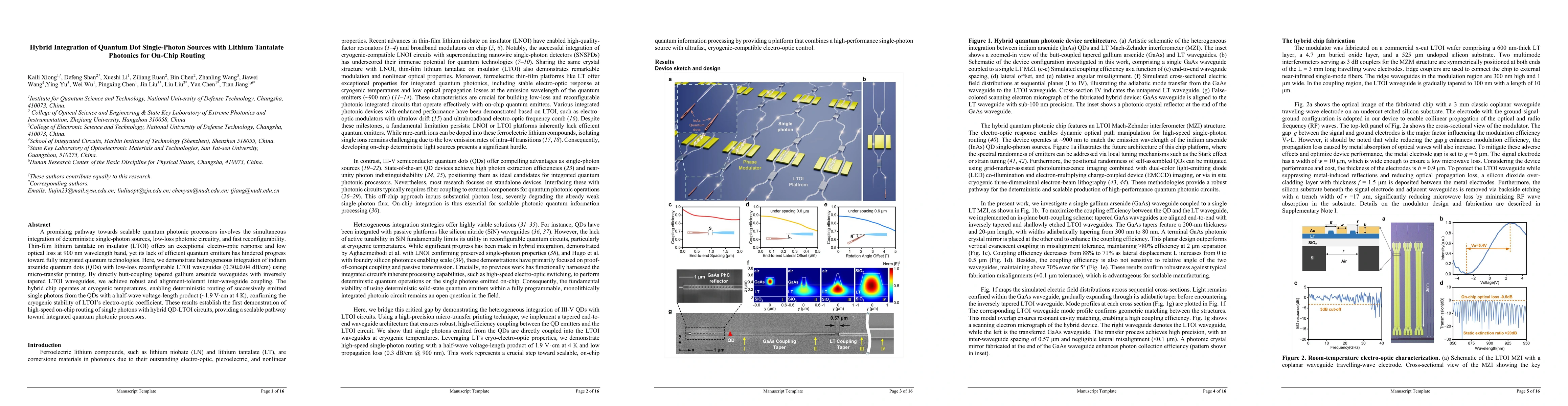 Thumbnail for Hybrid Integration of Quantum Dot Single Photon Sources with Lithium Tantalate Photonics for On Chip Routing