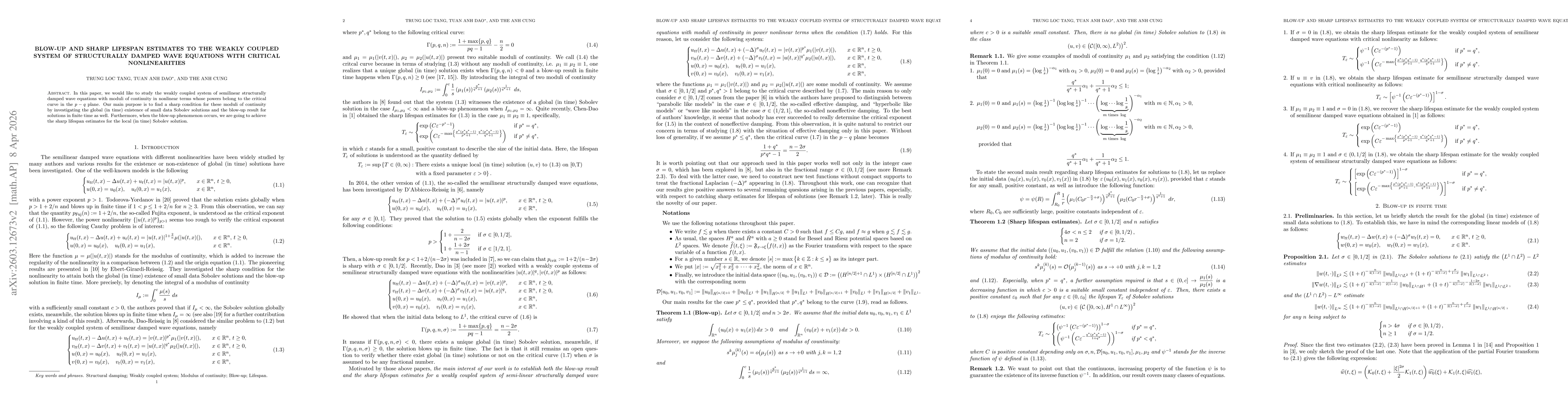 Thumbnail for Results for blow-up and sharp lifespan estimates to a weakly coupled system of structurally damped wave equations with critical nonlinearities