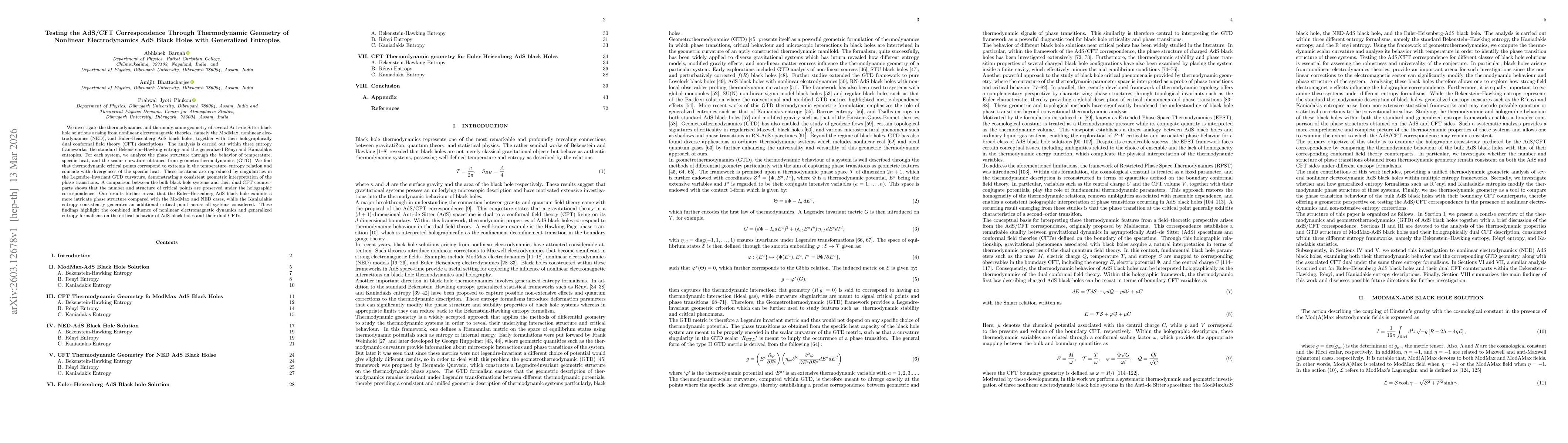 Thumbnail for Testing the AdS/CFT Correspondence Through Thermodynamic Geometry of Nonlinear Electrodynamics AdS Black Holes with Generalized Entropies