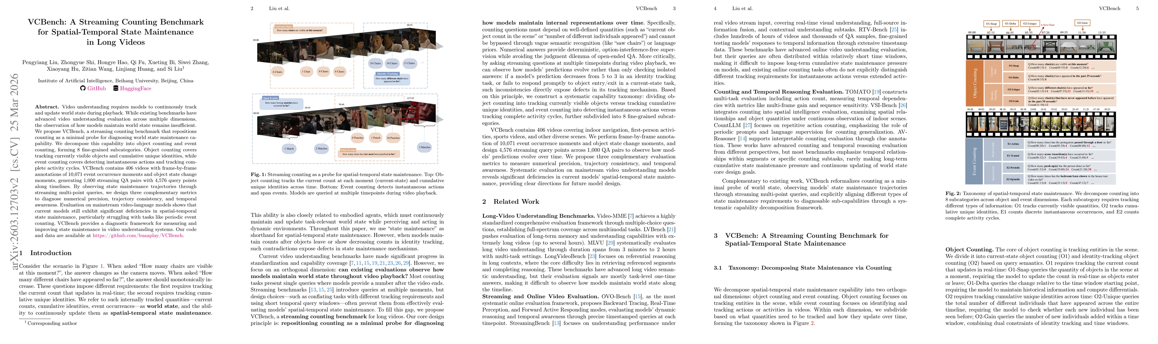 Thumbnail for VCBench: A Streaming Counting Benchmark for Spatial-Temporal State Maintenance in Long Videos