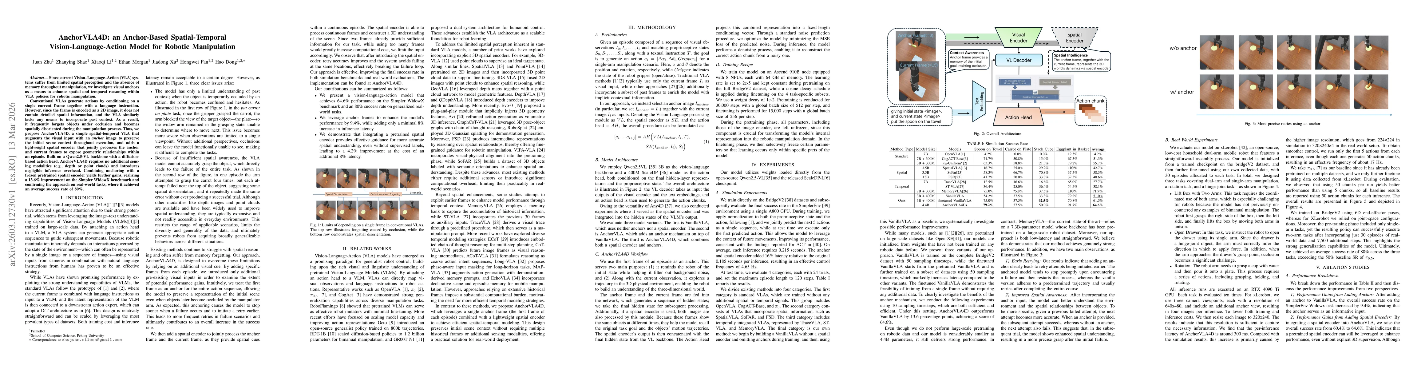Thumbnail for AnchorVLA4D: an Anchor-Based Spatial-Temporal Vision-Language-Action Model for Robotic Manipulation