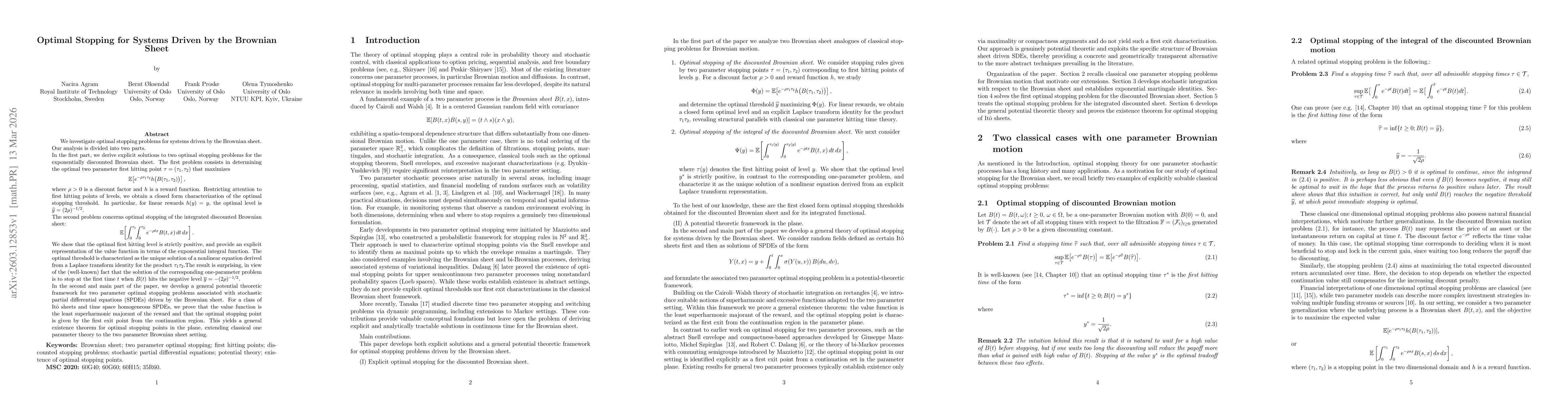 Thumbnail for Optimal Stopping for Systems Driven by the Brownian Sheet