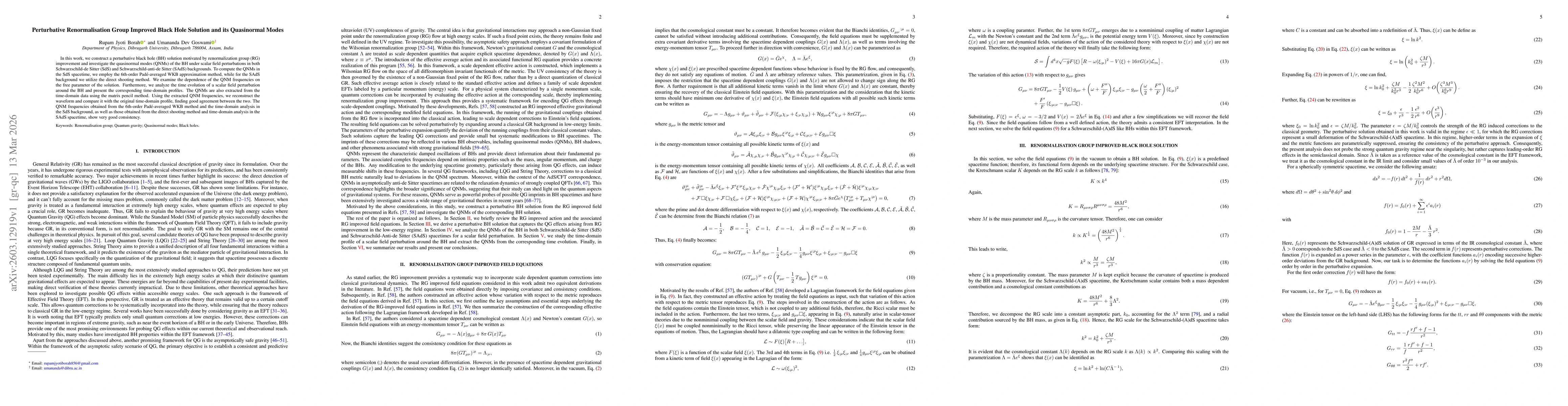 Thumbnail for Perturbative Renormalisation Group Improved Black Hole Solution and its Quasinormal Modes