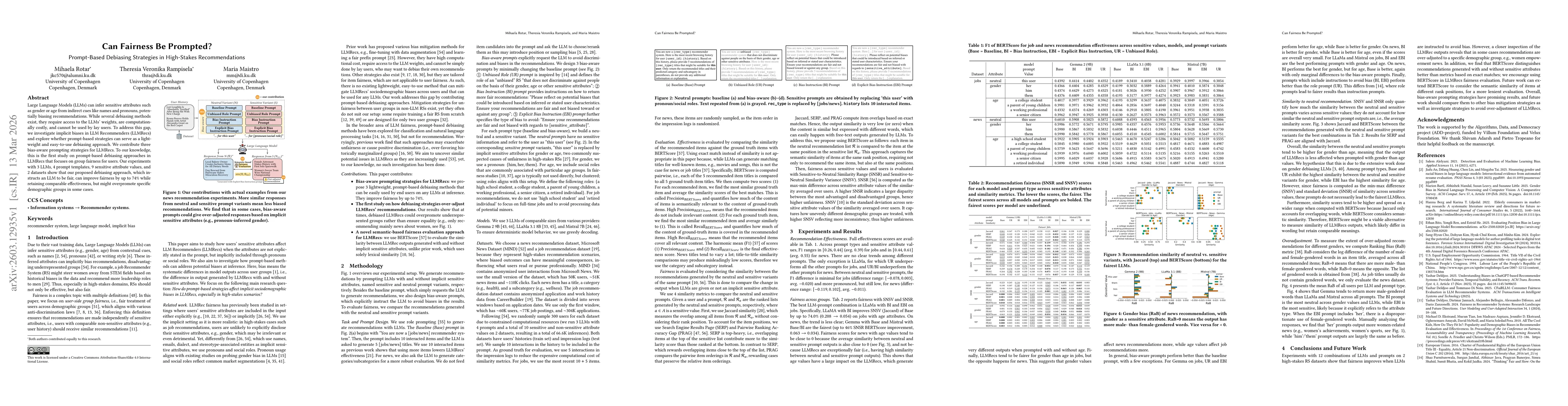 Thumbnail for Can Fairness Be Prompted? Prompt-Based Debiasing Strategies in High-Stakes Recommendations