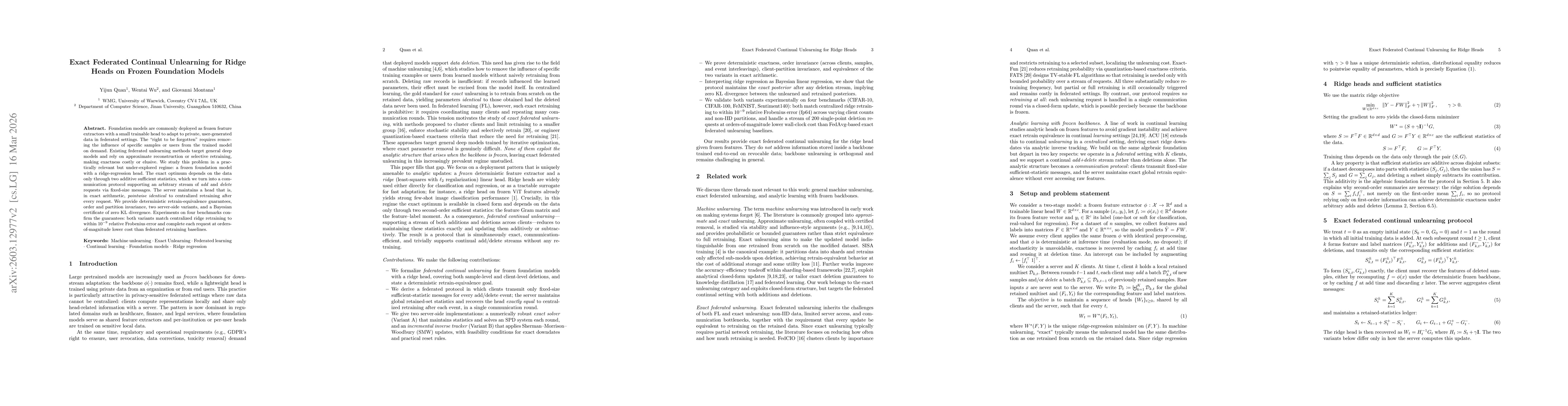 Thumbnail for Exact Federated Continual Unlearning for Ridge Heads on Frozen Foundation Models