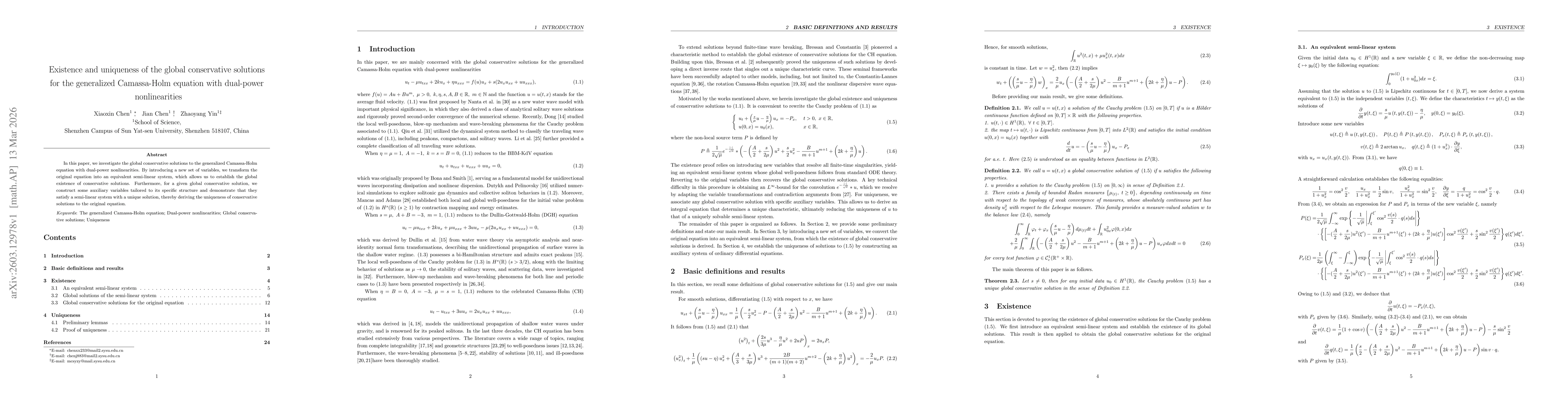 Thumbnail for Existence and uniqueness of the global conservative solutions for the generalized Camassa-Holm equation with dual-power nonlinearities