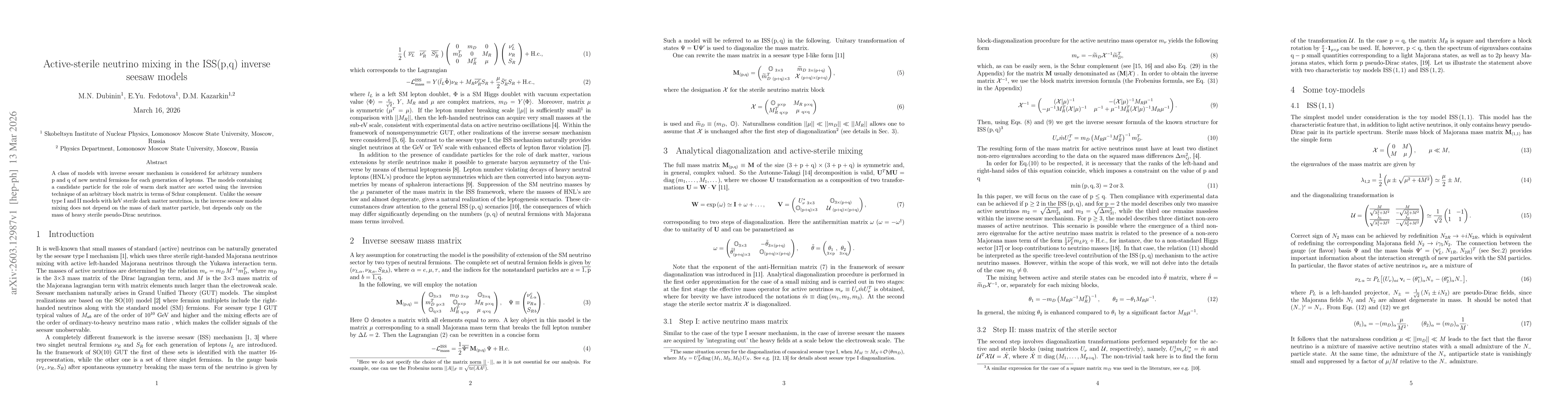 Thumbnail for Active-sterile neutrino mixing in the ISS(p,q) inverse seesaw models