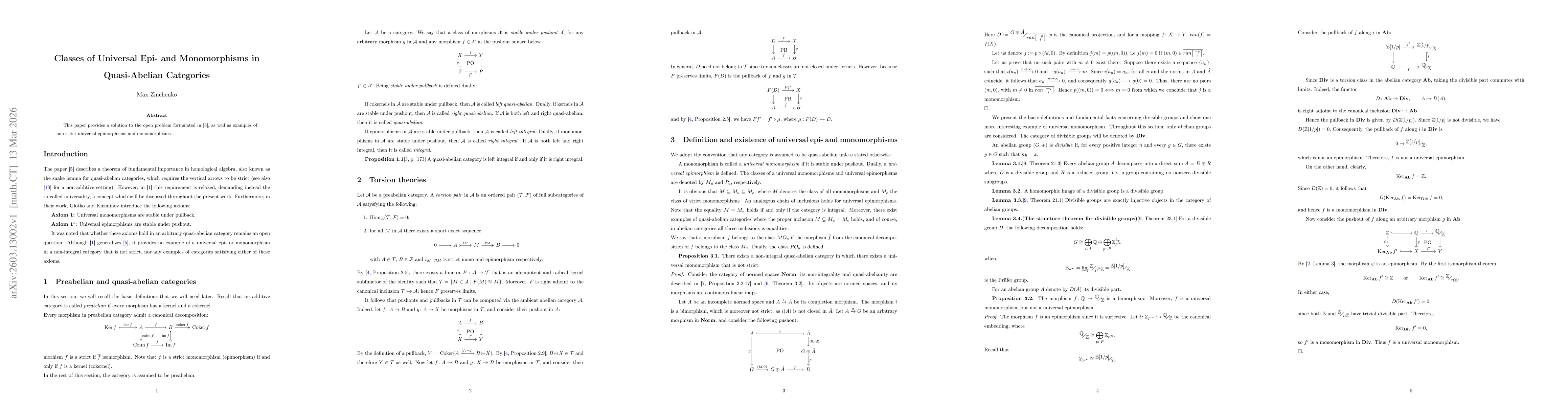 Thumbnail for Classes of Universal Epi- and Monomorphisms in Quasi-Abelian Categories