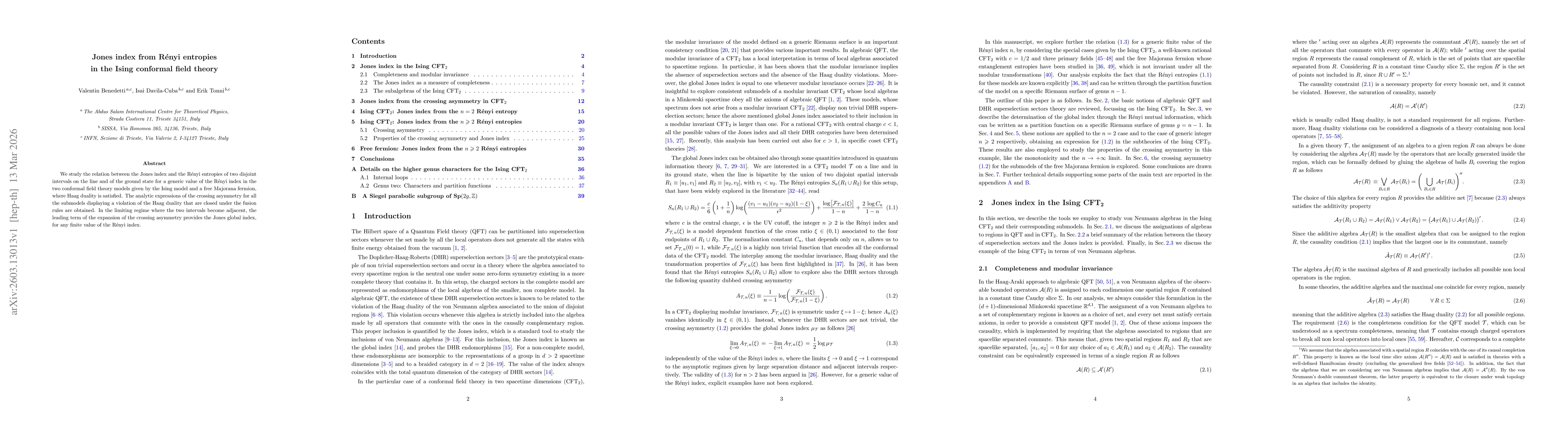 Thumbnail for Jones index from Rényi entropies in the Ising conformal field theory