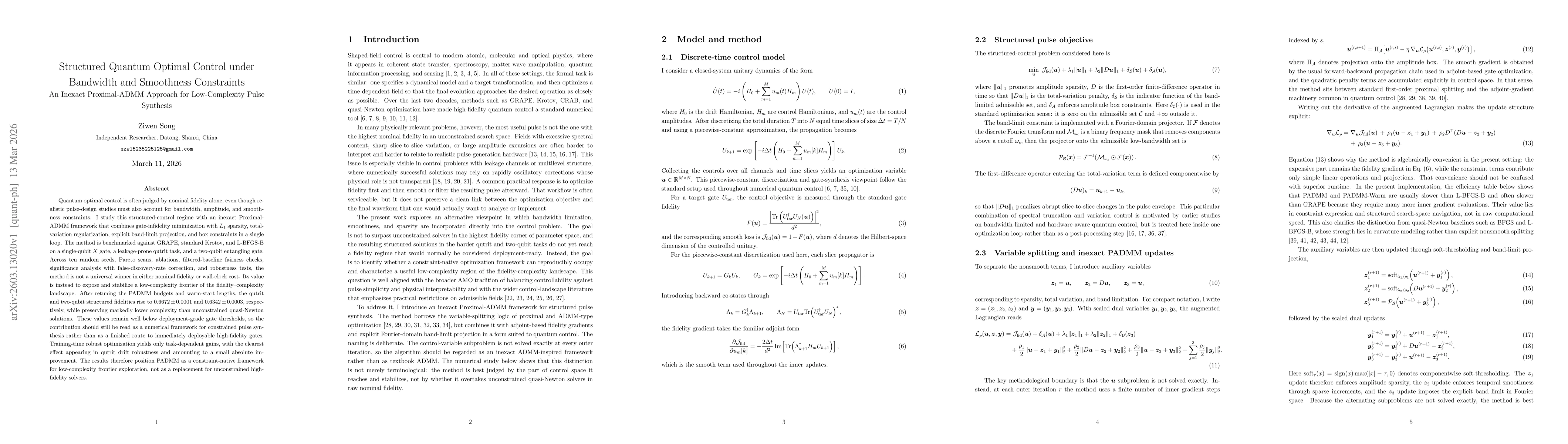 Thumbnail for Structured Quantum Optimal Control under Bandwidth and Smoothness Constraints-An Inexact Proximal-ADMM Approach for Low-Complexity Pulse Synthesis